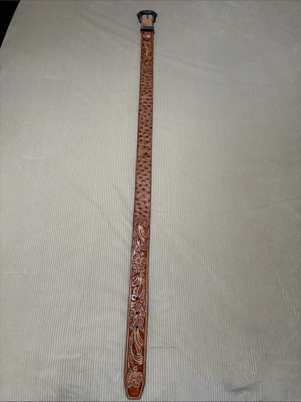 Hand-Tooled Brown Leather Men's Belt with Floral Pattern